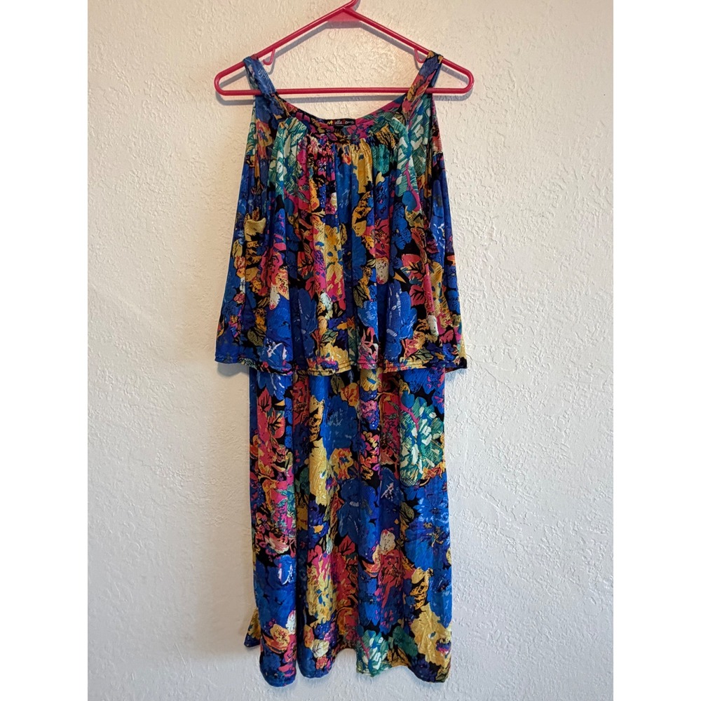 Bella Berry USA Fashion Floral Tiered Ruffle Midi Dress Blue Pink Yellow 2X